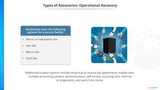 Types of Recoveries: Operational Recovery
Additional location options include reciprocal or mutual aid agreements, mobile sites,
multiple processing centers, service bureaus, self service, surviving sites, internal
arrangements, and work from home.
Businesses have the following
options for a secure facility:
• Mirror or redundant site
• Hot site
• Warm site
• Cold site
 