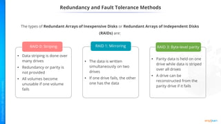 Redundancy and Fault Tolerance Methods
The types of Redundant Arrays of Inexpensive Disks or Redundant Arrays of Independent Disks
(RAIDs) are:
• Data striping is done over
many drives
• Redundancy or parity is
not provided
• All volumes become
unusable if one volume
fails
RAID 0: Striping
• The data is written
simultaneously on two
drives
• If one drive fails, the other
one has the data
RAID 1: Mirroring
• Parity data is held on one
drive while data is striped
over all drives
• A drive can be
reconstructed from the
parity drive if it fails
RAID 3: Byte-level parity
 