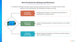 In software and data recovery, data recovery is the prime focus. To create a level of fault
tolerance and redundancy, the following concepts are used.
Best Practices for Backup and Recovery
Database information is simultaneously written or
duplicated to another server
Copies the backup data in a batch process to an offsite
location
Allows full synchronization of sites by transferring live
data to offsite locations
Database
Shadowing
Electronic
Vaulting
Remote
Journaling
 