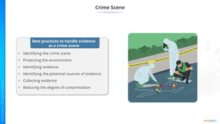Crime Scene
• Identifying the crime scene
• Protecting the environment
• Identifying evidence
• Identifying the potential sources of evidence
• Collecting evidence
• Reducing the degree of contamination
Best practices to handle evidence
at a crime scene
 
