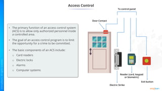 Access Control
• The primary function of an access control system
(ACS) is to allow only authorized personnel inside
a controlled area.
• The goal of an access control program is to limit
the opportunity for a crime to be committed.
• The basic components of an ACS include:
o Card readers
o Electric locks
o Alarms
o Computer systems
Door Contact
To control panel
Electric Strike
Reader (card, keypad
or biometric)
Exit button
 