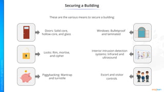 Securing a Building
These are the various means to secure a building:
Doors: Solid core,
hollow core, and glass
Locks: Rim, mortise,
and cipher
Piggybacking: Mantrap
and turnstile
Windows: Bulletproof
and laminated
Interior intrusion detection
systems: Infrared and
ultrasound
Escort and visitor
controls
 