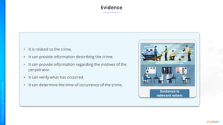 Evidence
Evidence is
relevant when:
• It is related to the crime.
• It can provide information describing the crime.
• It can provide information regarding the motives of the
perpetrator.
• It can verify what has occurred.
• It can determine the time of occurrence of the crime.
 