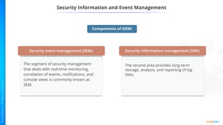 Security Information and Event Management
Components of SIEM:
Security event management (SEM):
The segment of security management
that deals with real-time monitoring,
correlation of events, notifications, and
console views is commonly known as
SEM.
Security information management (SIM):
The second area provides long-term
storage, analysis, and reporting of log
data.
 