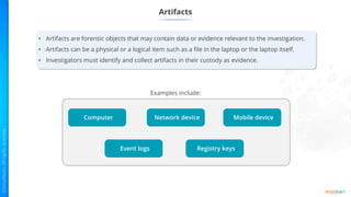 Artifacts
• Artifacts are forensic objects that may contain data or evidence relevant to the investigation.
• Artifacts can be a physical or a logical item such as a file in the laptop or the laptop itself.
• Investigators must identify and collect artifacts in their custody as evidence.
Examples include:
Computer Network device Mobile device
Registry keys
Event logs
 