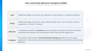 User and Entity Behavior Analytics (UEBA)
UEBA technology can monitor user behavior for any peculiar or suspicious behavior.
UEBA technology can monitor other entities besides users such as routers, servers,
applications, or even IoT devices.
It establishes baseline of normal behavioral profiles and patterns and then identifies
anomalies that deviate from that baseline, which have security significance.
The analytics tools based on AI and machine learning algorithms do not require
signatures or human intervention and provide automated, accurate threat and anomaly
detection.
Analytics
Behavior
Entity
User
 
