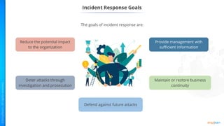 Incident Response Goals
Provide management with
sufficient information
Maintain or restore business
continuity
Defend against future attacks
Deter attacks through
investigation and prosecution
Reduce the potential impact
to the organization
The goals of incident response are:
 