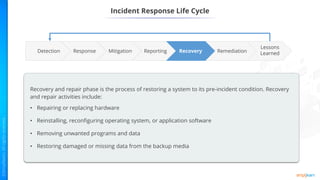 Incident Response Life Cycle
Reporting Remediation
Recovery
Mitigation
Response
Lessons
Learned
Detection
Recovery and repair phase is the process of restoring a system to its pre-incident condition. Recovery
and repair activities include:
• Repairing or replacing hardware
• Reinstalling, reconfiguring operating system, or application software
• Removing unwanted programs and data
• Restoring damaged or missing data from the backup media
 