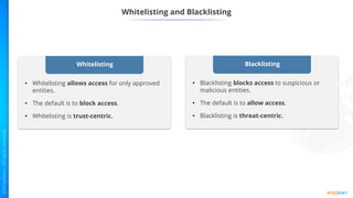 Whitelisting and Blacklisting
Whitelisting
• Whitelisting allows access for only approved
entities.
• The default is to block access.
• Whitelisting is trust-centric.
Blacklisting
• Blacklisting blocks access to suspicious or
malicious entities.
• The default is to allow access.
• Blacklisting is threat-centric.
 