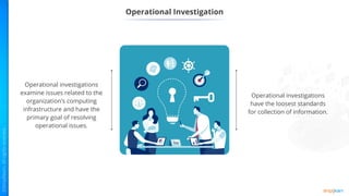 Operational Investigation
Operational investigations
examine issues related to the
organization’s computing
infrastructure and have the
primary goal of resolving
operational issues.
Operational investigations
have the loosest standards
for collection of information.
 