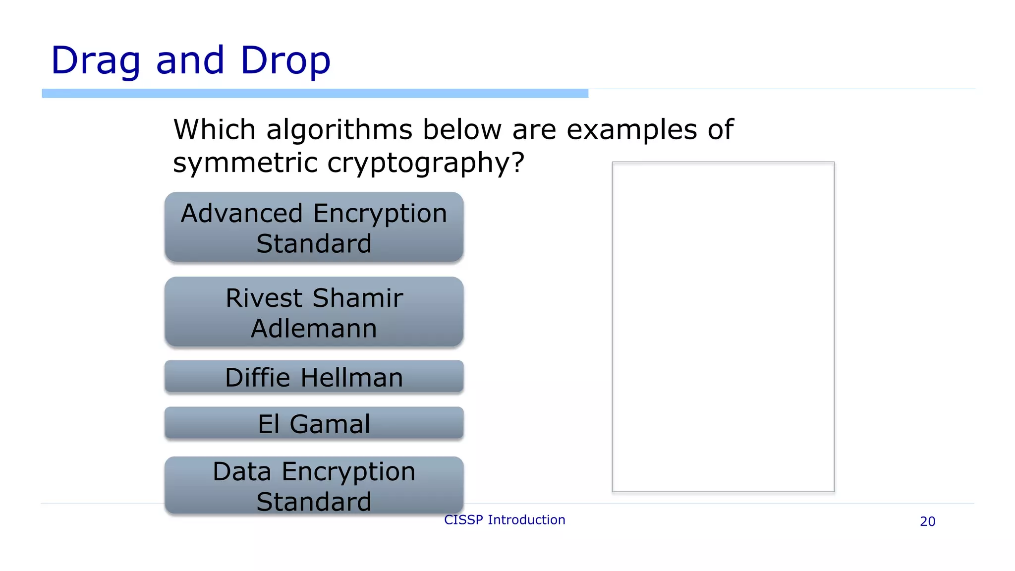Drag and Drop
CISSP Introduction 20
Which algorithms below are examples of
symmetric cryptography?
Advanced Encryption
Standard
Rivest Shamir
Adlemann
Diffie Hellman
El Gamal
Data Encryption
Standard
 