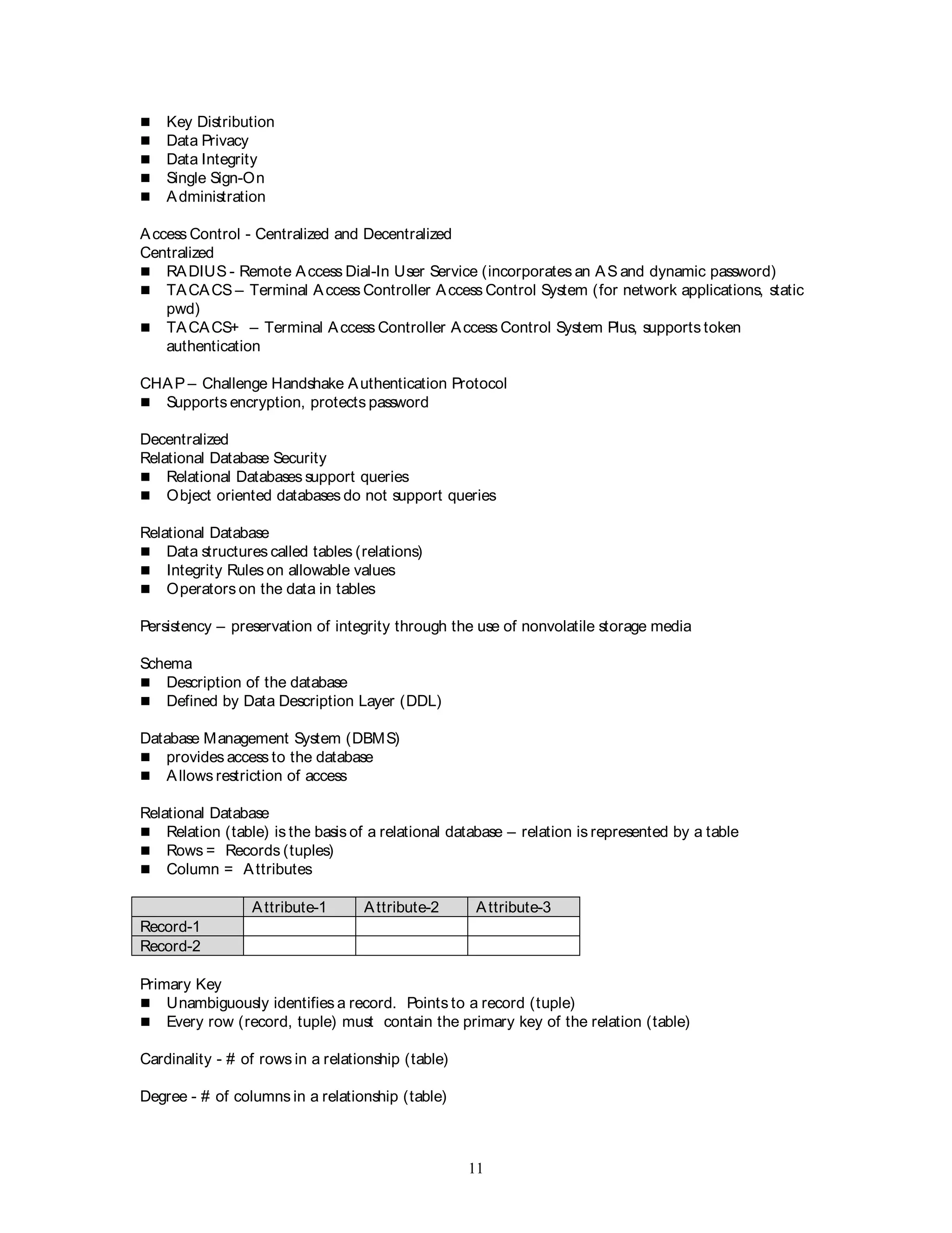11
 Key Distribution
 Data Privacy
 Data Integrity
 Single Sign-On
 Administration
Access Control - Centralized and Decentralized
Centralized
 RADIUS - Remote Access Dial-In User Service (incorporates an AS and dynamic password)
 TACACS – Terminal Access Controller Access Control System (for network applications, static
pwd)
 TACACS+ – Terminal Access Controller Access Control System Plus, supports token
authentication
CHAP – Challenge Handshake Authentication Protocol
 Supports encryption, protects password
Decentralized
Relational Database Security
 Relational Databases support queries
 Object oriented databases do not support queries
Relational Database
 Data structures called tables (relations)
 Integrity Rules on allowable values
 Operators on the data in tables
Persistency – preservation of integrity through the use of nonvolatile storage media
Schema
 Description of the database
 Defined by Data Description Layer (DDL)
Database Management System (DBMS)
 provides access to the database
 Allows restriction of access
Relational Database
 Relation (table) is the basis of a relational database – relation is represented by a table
 Rows = Records (tuples)
 Column = Attributes
Attribute-1 Attribute-2 Attribute-3
Record-1
Record-2
Primary Key
 Unambiguously identifies a record. Points to a record (tuple)
 Every row (record, tuple) must contain the primary key of the relation (table)
Cardinality - # of rows in a relationship (table)
Degree - # of columns in a relationship (table)
 
