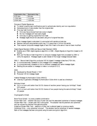 46
Asymmetric Key Symmetric Key
512 bits 64 bits
1792 bits 112 bits
2304 bits 128 bits
Purpose of Digital Signatures
 To detect unauthorized modifications and to authenticate identity and non-repudiation.
 Generates block of data smaller than the original data
 One way hash functions
 One way has produces fixed size output (digest)
 No two messages will have same digest
 One way no getting original file from hash
 Message digest should be calculated using all of original files data
 After message digest is calculated it is encrypted with senders private key
 Receiver decrypts using senders public key, if it opens then it is from the sender.
 Then receiver computes message digest of sent file if hash is the same it has not been modified
Digital Signal Standard (DSS) and Secure Hash Standard (SHS)
 Enables use of RSA digital signature algorithm or DSA –Digital Signature Algorithm (based on El
Gamal)
 Both use The Secure Hash Algorithm to compute message digest then processed by DSA to
verify the signature. Message digest is used instead of the longer message because faster.
SHA-1 - Secure Hash Algorithm produces 160 bit digest if message is less than 2^64 bits.
 It is computationally infeasible to find message from message digest
 It is computationally infeasible to find to different messages with same message digest
 Padding bits are added to message to make it a multiple of 512
MD5
 Developed by Ronald Rivest in 1991
 Produces 128 bit message digest
Hashed Message Authentication Code (HMAC)
 Uses key to generate a Message Authentication Code which is used as a checksum
Birthday Attack
 You in a room with better than 50/ 50 chance of another person having your birthday? Need
253 people
 You in a room with better than 50/ 50 chance of two people having the same birthday? Need
23 people
Cryptographic Attack
Brute Force Attack - try every possible combination
Known Plain Text – attacker has copy of plain text and the associated ciphertext of several messages
Chosen Plain Text – chosen plain text is encrypted. The attacker has the plaintext and ciphertext
and can choose the plaintext that gets encrypted.
Adaptive Chosen Plain Text – selection of plain text is altered based on previous results
Ciphertext Only – only ciphertext is known. The attacker has the ciphertext of several messages.
Each of the messages has been encrypted using the same encryption algorithm.
 