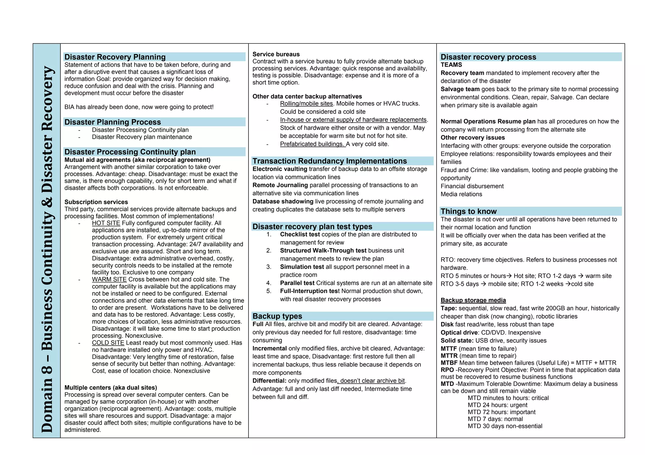 Service bureaus
                                                      Disaster Recovery Planning                                             Contract with a service bureau to fully provide alternate backup
                                                                                                                                                                                                     Disaster recovery process
                                                      Statement of actions that have to be taken before, during and                                                                                  TEAMS
Domain 8 – Business Continuity & Disaster Recovery 
                                                                                                                             processing services. Advantage: quick response and availability,
                                                      after a disruptive event that causes a significant loss of                                                                                     Recovery team mandated to implement recovery after the
                                                                                                                             testing is possible. Disadvantage: expense and it is more of a
                                                      information Goal: provide organized way for decision making,                                                                                   declaration of the disaster
                                                                                                                             short time option.
                                                      reduce confusion and deal with the crisis. Planning and
                                                                                                                                                                                                     Salvage team goes back to the primary site to normal processing
                                                      development must occur before the disaster
                                                                                                                             Other data center backup alternatives                                   environmental conditions. Clean, repair, Salvage. Can declare
                                                                                                                                 -    Rolling/mobile sites. Mobile homes or HVAC trucks.             when primary site is available again
                                                      BIA has already been done, now were going to protect!
                                                                                                                                      Could be considered a cold site
                                                      Disaster Planning Process                                                  -    In-house or external supply of hardware replacements.          Normal Operations Resume plan has all procedures on how the
                                                           -    Disaster Processing Continuity plan                                   Stock of hardware either onsite or with a vendor. May          company will return processing from the alternate site
                                                           -    Disaster Recovery plan maintenance                                    be acceptable for warm site but not for hot site.              Other recovery issues
                                                                                                                                 -    Prefabricated buildings. A very cold site.                     Interfacing with other groups: everyone outside the corporation
                                                      Disaster Processing Continuity plan                                                                                                            Employee relations: responsibility towards employees and their
                                                      Mutual aid agreements (aka reciprocal agreement)                       Transaction Redundancy Implementations                                  families
                                                      Arrangement with another similar corporation to take over              Electronic vaulting transfer of backup data to an offsite storage       Fraud and Crime: like vandalism, looting and people grabbing the
                                                      processes. Advantage: cheap. Disadvantage: must be exact the
                                                                                                                             location via communication lines                                        opportunity
                                                      same, is there enough capability, only for short term and what if
                                                      disaster affects both corporations. Is not enforceable.                Remote Journaling parallel processing of transactions to an             Financial disbursement
                                                                                                                             alternative site via communication lines                                Media relations
                                                      Subscription services                                                  Database shadowing live processing of remote journaling and
                                                      Third party, commercial services provide alternate backups and         creating duplicates the database sets to multiple servers               Things to know
                                                      processing facilities. Most common of implementations!
                                                                                                                                                                                                     The disaster is not over until all operations have been returned to
                                                           -    HOT SITE Fully configured computer facility. All
                                                                applications are installed, up-to-date mirror of the
                                                                                                                             Disaster recovery plan test types                                       their normal location and function
                                                                production system. For extremely urgent critical                  1.   Checklist test copies of the plan are distributed to          It will be officially over when the data has been verified at the
                                                                transaction processing. Advantage: 24/7 availability and               management for review                                         primary site, as accurate
                                                                exclusive use are assured. Short and long term.                   2.   Structured Walk-Through test business unit
                                                                Disadvantage: extra administrative overhead, costly,                   management meets to review the plan                           RTO: recovery time objectives. Refers to business processes not
                                                                security controls needs to be installed at the remote             3.   Simulation test all support personnel meet in a               hardware.
                                                                facility too. Exclusive to one company                                 practice room                                                 RTO 5 minutes or hours Hot site; RTO 1-2 days  warm site
                                                           -    WARM SITE Cross between hot and cold site. The
                                                                computer facility is available but the applications may
                                                                                                                                  4.   Parallel test Critical systems are run at an alternate site   RTO 3-5 days  mobile site; RTO 1-2 weeks cold site
                                                                not be installed or need to be configured. External               5.   Full-Interruption test Normal production shut down,
                                                                connections and other data elements that take long time                with real disaster recovery processes                         Backup storage media
                                                                to order are present. Workstations have to be delivered                                                                              Tape: sequential, slow read, fast write 200GB an hour, historically
                                                                and data has to be restored. Advantage: Less costly,         Backup types                                                            cheaper than disk (now changing), robotic libraries
                                                                more choices of location, less administrative resources.     Full All files, archive bit and modify bit are cleared. Advantage:      Disk fast read/write, less robust than tape
                                                                Disadvantage: it will take some time to start production
                                                                                                                             only previous day needed for full restore, disadvantage: time           Optical drive: CD/DVD. Inexpensive
                                                                processing. Nonexclusive.
                                                           -    COLD SITE Least ready but most commonly used. Has            consuming                                                               Solid state: USB drive, security issues
                                                                no hardware installed only power and HVAC.                   Incremental only modified files, archive bit cleared, Advantage:        MTTF (mean time to failure)
                                                                Disadvantage: Very lengthy time of restoration, false        least time and space, Disadvantage: first restore full then all         MTTR (mean time to repair)
                                                                sense of security but better than nothing. Advantage:        incremental backups, thus less reliable because it depends on           MTBF Mean time between failures (Useful Life) = MTTF + MTTR
                                                                Cost, ease of location choice. Nonexclusive                  more components                                                         RPO -Recovery Point Objective: Point in time that application data
                                                                                                                                                                                                     must be recovered to resume business functions
                                                                                                                             Differential: only modified files, doesn’t clear archive bit.
                                                                                                                                                                                                     MTD -Maximum Tolerable Downtime: Maximum delay a business
                                                      Multiple centers (aka dual sites)                                      Advantage: full and only last diff needed, Intermediate time            can be down and still remain viable
                                                      Processing is spread over several computer centers. Can be             between full and diff.                                                            MTD minutes to hours: critical
                                                      managed by same corporation (in-house) or with another
                                                                                                                                                                                                               MTD 24 hours: urgent
                                                      organization (reciprocal agreement). Advantage: costs, multiple
                                                                                                                                                                                                               MTD 72 hours: important
                                                      sites will share resources and support. Disadvantage: a major
                                                                                                                                                                                                               MTD 7 days: normal
                                                      disaster could affect both sites; multiple configurations have to be
                                                                                                                                                                                                               MTD 30 days non-essential
                                                      administered.
 