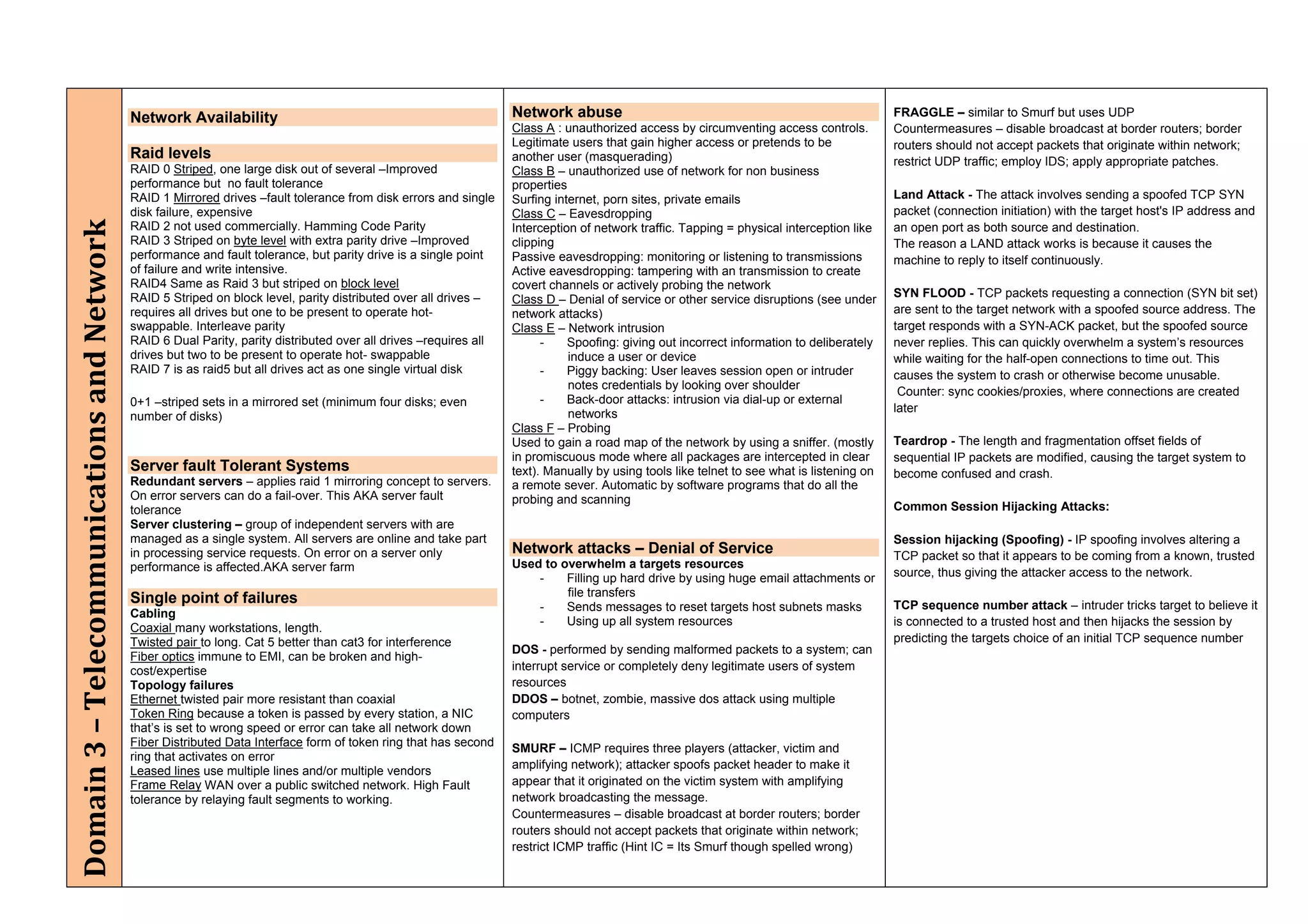Network Availability                                                   Network abuse                                                            FRAGGLE – similar to Smurf but uses UDP
                                                                                                                    Class A : unauthorized access by circumventing access controls.          Countermeasures – disable broadcast at border routers; border
                                                                                                                    Legitimate users that gain higher access or pretends to be               routers should not accept packets that originate within network;
                                             Raid levels                                                            another user (masquerading)                                              restrict UDP traffic; employ IDS; apply appropriate patches.
                                             RAID 0 Striped, one large disk out of several –Improved                Class B – unauthorized use of network for non business
                                             performance but no fault tolerance                                     properties
                                             RAID 1 Mirrored drives –fault tolerance from disk errors and single    Surfing internet, porn sites, private emails                             Land Attack - The attack involves sending a spoofed TCP SYN
                                             disk failure, expensive                                                Class C – Eavesdropping                                                  packet (connection initiation) with the target host's IP address and
Domain 3 – Telecommunications and Network 



                                             RAID 2 not used commercially. Hamming Code Parity                      Interception of network traffic. Tapping = physical interception like    an open port as both source and destination.
                                             RAID 3 Striped on byte level with extra parity drive –Improved         clipping                                                                 The reason a LAND attack works is because it causes the
                                             performance and fault tolerance, but parity drive is a single point    Passive eavesdropping: monitoring or listening to transmissions          machine to reply to itself continuously.
                                             of failure and write intensive.                                        Active eavesdropping: tampering with an transmission to create
                                             RAID4 Same as Raid 3 but striped on block level                        covert channels or actively probing the network
                                             RAID 5 Striped on block level, parity distributed over all drives –                                                                             SYN FLOOD - TCP packets requesting a connection (SYN bit set)
                                                                                                                    Class D – Denial of service or other service disruptions (see under
                                             requires all drives but one to be present to operate hot-              network attacks)                                                         are sent to the target network with a spoofed source address. The
                                             swappable. Interleave parity                                           Class E – Network intrusion                                              target responds with a SYN-ACK packet, but the spoofed source
                                             RAID 6 Dual Parity, parity distributed over all drives –requires all         -    Spoofing: giving out incorrect information to deliberately    never replies. This can quickly overwhelm a system’s resources
                                             drives but two to be present to operate hot- swappable                            induce a user or device                                       while waiting for the half-open connections to time out. This
                                             RAID 7 is as raid5 but all drives act as one single virtual disk             -    Piggy backing: User leaves session open or intruder           causes the system to crash or otherwise become unusable.
                                                                                                                               notes credentials by looking over shoulder
                                                                                                                                                                                              Counter: sync cookies/proxies, where connections are created
                                             0+1 –striped sets in a mirrored set (minimum four disks; even                -    Back-door attacks: intrusion via dial-up or external
                                                                                                                               networks                                                      later
                                             number of disks)
                                                                                                                    Class F – Probing
                                                                                                                    Used to gain a road map of the network by using a sniffer. (mostly       Teardrop - The length and fragmentation offset fields of
                                                                                                                    in promiscuous mode where all packages are intercepted in clear          sequential IP packets are modified, causing the target system to
                                             Server fault Tolerant Systems                                          text). Manually by using tools like telnet to see what is listening on   become confused and crash.
                                             Redundant servers – applies raid 1 mirroring concept to servers.       a remote sever. Automatic by software programs that do all the
                                             On error servers can do a fail-over. This AKA server fault             probing and scanning
                                             tolerance                                                                                                                                       Common Session Hijacking Attacks:
                                             Server clustering – group of independent servers with are
                                             managed as a single system. All servers are online and take part                                                                                Session hijacking (Spoofing) - IP spoofing involves altering a
                                             in processing service requests. On error on a server only              Network attacks – Denial of Service                                      TCP packet so that it appears to be coming from a known, trusted
                                             performance is affected.AKA server farm                                Used to overwhelm a targets resources
                                                                                                                        -    Filling up hard drive by using huge email attachments or        source, thus giving the attacker access to the network.
                                                                                                                             file transfers
                                             Single point of failures                                                                                                                        TCP sequence number attack – intruder tricks target to believe it
                                                                                                                        -    Sends messages to reset targets host subnets masks
                                             Cabling
                                                                                                                        -    Using up all system resources                                   is connected to a trusted host and then hijacks the session by
                                             Coaxial many workstations, length.
                                             Twisted pair to long. Cat 5 better than cat3 for interference                                                                                   predicting the targets choice of an initial TCP sequence number
                                                                                                                    DOS - performed by sending malformed packets to a system; can
                                             Fiber optics immune to EMI, can be broken and high-
                                             cost/expertise                                                         interrupt service or completely deny legitimate users of system
                                             Topology failures                                                      resources
                                             Ethernet twisted pair more resistant than coaxial                      DDOS – botnet, zombie, massive dos attack using multiple
                                             Token Ring because a token is passed by every station, a NIC           computers
                                             that’s is set to wrong speed or error can take all network down
                                             Fiber Distributed Data Interface form of token ring that has second    SMURF – ICMP requires three players (attacker, victim and
                                             ring that activates on error
                                                                                                                    amplifying network); attacker spoofs packet header to make it
                                             Leased lines use multiple lines and/or multiple vendors
                                             Frame Relay WAN over a public switched network. High Fault             appear that it originated on the victim system with amplifying
                                             tolerance by relaying fault segments to working.                       network broadcasting the message.
                                                                                                                    Countermeasures – disable broadcast at border routers; border
                                                                                                                    routers should not accept packets that originate within network;
                                                                                                                    restrict ICMP traffic (Hint IC = Its Smurf though spelled wrong)
 