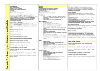 Rainbow series:                                                      Models                                                                 Information flow model
                                               Red = trusted network,                                               MATRIX                                                                 Each object is assigned a security class and value, and
                                               Orange = TCSEC evaluation                                            Provides access rights to subjects for objects                         information is constrained to flow in the directions that are
                                               Brown =trusted facilities management,                                Access rights are read, write and execute                              permitted by the security policy. Thus flow off information from
                                               Tan=audit,                                                           Columns are ACL’s                                                      one security level to another.
                                               Aqua=glossary.                                                       Rows are capability lists
                                               Green = password management                                          Supports discretionary access control                                  Covert channels
                                                                                                                                                                                           Is a way to receive information in an unauthorized manner.
                                               Information Technology Security Evaluation Criteria                  TAKE-GRANT                                                             Information flood that is not protected by a security mechanism.
                                               ITSEC: it is used in Europe only, not USA. Addresses CIA. Unlike        -   uses a direct graph to specify the rights that subjects         2 types
                                               TCSEC it evaluates functionality and assurance separately.                  can transfer to objects or that subjects can take from          Storage covert channel: processes communicate via storage
                                               Assurance from E0 to E6 (highest) and F1 to F10 (highest).                  other subjects                                                  space on the system
                                               Therefore a system can provide low assurance and high                   -   Uses STATES and STATE TRANSTIONS                                Covert timing channel: one process relays to another by
Domain 5 – Security Architecture and Models 




                                               functionality or vice-versa.                                                                                                                modulating its use of system resources.
                                                                                                                    BELL-LAPADULA                                                          Countermeasures: eal6 systems have less than eal3 systems
                                               Common Criteria ISO 15408                                               -   Confidentiality model                                           because covert channels are normally a flaw in design.
                                               Defines a protection profile that specifies the security                -   developed by DOD, thus classification
                                               requirements and protections of a product that is to be evaluated.      -   Cannot read up (simple e=read security rule)                    Non interference model
                                               Organized around TCB entities. Evaluation Assurance Levels              -   Cannot write down (* property rule AKA                          Groups of users are separated with their commands. Ensures that
                                               (EAL)                                                                       CONFINEMENT PROPERTY). Exception is a trusted                   activities performed at a higher security level do not affect the
                                                                                                                           subject.                                                        activities at a lower security level
                                               •EAL0 –Inadequate assurance                                             -   Uses access matrix to specify discretionary access
                                                                                                                           control                                                         Brewer and Nash
                                               •EAL1 –Functionally tested                                              -   Use need to know principle
                                                                                                                                                                                           The Chinese Wall model provides a dynamic access control
                                                                                                                       -   Strong star rule: read and write capabilities at the same
                                                                                                                           level                                                           depending on user’s previous actions. This model prevents
                                               •EAL2 –Structurally tested
                                                                                                                       -   First mathematical model defined                                conflict of interests from members of the same organization to
                                               •EAL3 –Methodically tested and checked                                  -   tranquility principle in Bell-LaPadula prevents security        look at information that creates a conflict of another member of
                                                                                                                           level of subjects from being changed once they are              that organization. Ex. Lawyers in a law firm with client oppositional
                                               •EAL4 –Methodically designed, tested and reviewed                           created

                                               •EAL5 –Semi formally designed and tested                             BIBA
                                                                                                                        -     Integrity model                                              Other things to know
                                               •EAL6 –Semi formally verified design and tested                          -     Cannot read down (simple e=read integrity rule)
                                                                                                                        -     cannot write up (* integrity)                                Objects of sensitivity labels are: single classification and
                                               •EAL7 –Formally verified design and tested                               -     lattice based (least upper bound, greatest lower bound,      component set
                                                                                                                              flow policy)
                                                                                                                         -    subject at one level of integrity cant invoke subject at a   Trusted recovery is: after failure or crash system is still secure
                                               Target of Evaluation (TOE): the product
                                                                                                                              higher level of integrity
                                                                                                                                                                                           ‘dominate’ in access control means access to higher or equal
                                               Protection Profile (PP): Security requirements for a class of
                                                                                                                    CLARK WILSON                                                           access class
                                               security devices
                                                                                                                       -   integrity model
                                                                                                                       -   Cannot be tampered, logged, and consistency                     Security perimeter = line between TCB and outside
                                               Security Target (ST): identifies the security properties of TOE
                                                                                                                       -   Enforces segregation of duty
                                                                                                                       -   Requires auditing                                               Validating TCB = formal for system integrity
                                               Security Functional Requirements (SFRs): Specific individual
                                                                                                                       -   Commercial use
                                               security functions
                                                                                                                       -   Works with SCI Constrained Data items, data item                Tempest: shielding and other emanations-reducing mechanism
                                                                                                                           whose integrity is to be preserved
                                                                                                                       -   Access to objects only through programs
 