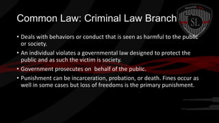 Common Law: Criminal Law Branch
• Deals with behaviors or conduct that is seen as harmful to the public
or society.
• An individual violates a governmental law designed to protect the
public and as such the victim is society.
• Government prosecutes on behalf of the public.
• Punishment can be incarceration, probation, or death. Fines occur as
well in some cases but loss of freedoms is the primary punishment.

 