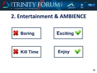 2. Entertainment & AMBIENCE
10
Exciting
Enjoy
Boring
Kill Time
 