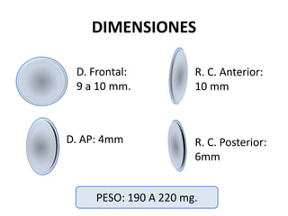 DIMENSIONES
D. Frontal:
9 a 10 mm.
D. AP: 4mm
R. C. Anterior:
10 mm
R. C. Posterior:
6mm
PESO: 190 A 220 mg.
 