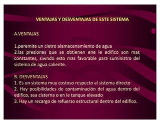 VENTAJAS Y DESVENTAJAS DE ESTE SISTEMA

A.VENTAJAS

1.peremite un cietro alamacenamiento de agua
2.las presiones que se obtienen ene le edifico son mas
constantes, siwndo esto mas favorable para suministro del
sistema de agua caliente.

B. DESVENTAJAS
1. Es un sistema muy costoso respecto al sistema directo
2. Hay posibilidades de contaminación del agua dentro del
edifico, sea cisterna o en le tanque elevado
3. Hay un recargo de refuerzo estructural dentro del edifico.
 