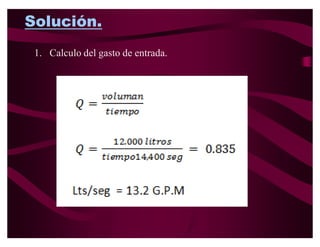 Procedimiento de cálculo

‡ Teniendo en cuenta las consideraciones anteriores y
  los datos de presión en la red pública proporcionados
  por la empresa que administra el sistema de agua
  potable de la cuidad, el problema consiste en calcular
  el gasto de entrada y la carga disponible
  seleccionándose luego el medidor, tomando en cuenta
  que la máxima perdida de entrada de la carga que
  debe consumir el medidor debe de ser el 50% de la
  carga disponible.
 