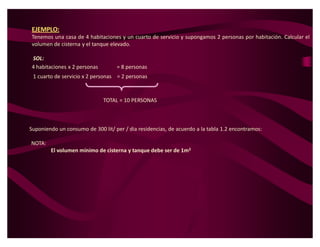 EJEMPLO:
Tenemos una casa de 4 habitaciones y un cuarto de servicio y supongamos 2 personas por habitación. Calcular el
volumen de cisterna y el tanque elevado.

SOL:
4 habitaciones x 2 personas        = 8 personas
 1 cuarto de servicio x 2 personas = 2 personas



                              TOTAL = 10 PERSONAS



Suponiendo un consumo de 300 lit/ per / dia residencias, de acuerdo a la tabla 1.2 encontramos:

NOTA:
        El volumen mínimo de cisterna y tanque debe ser de 1m3
 