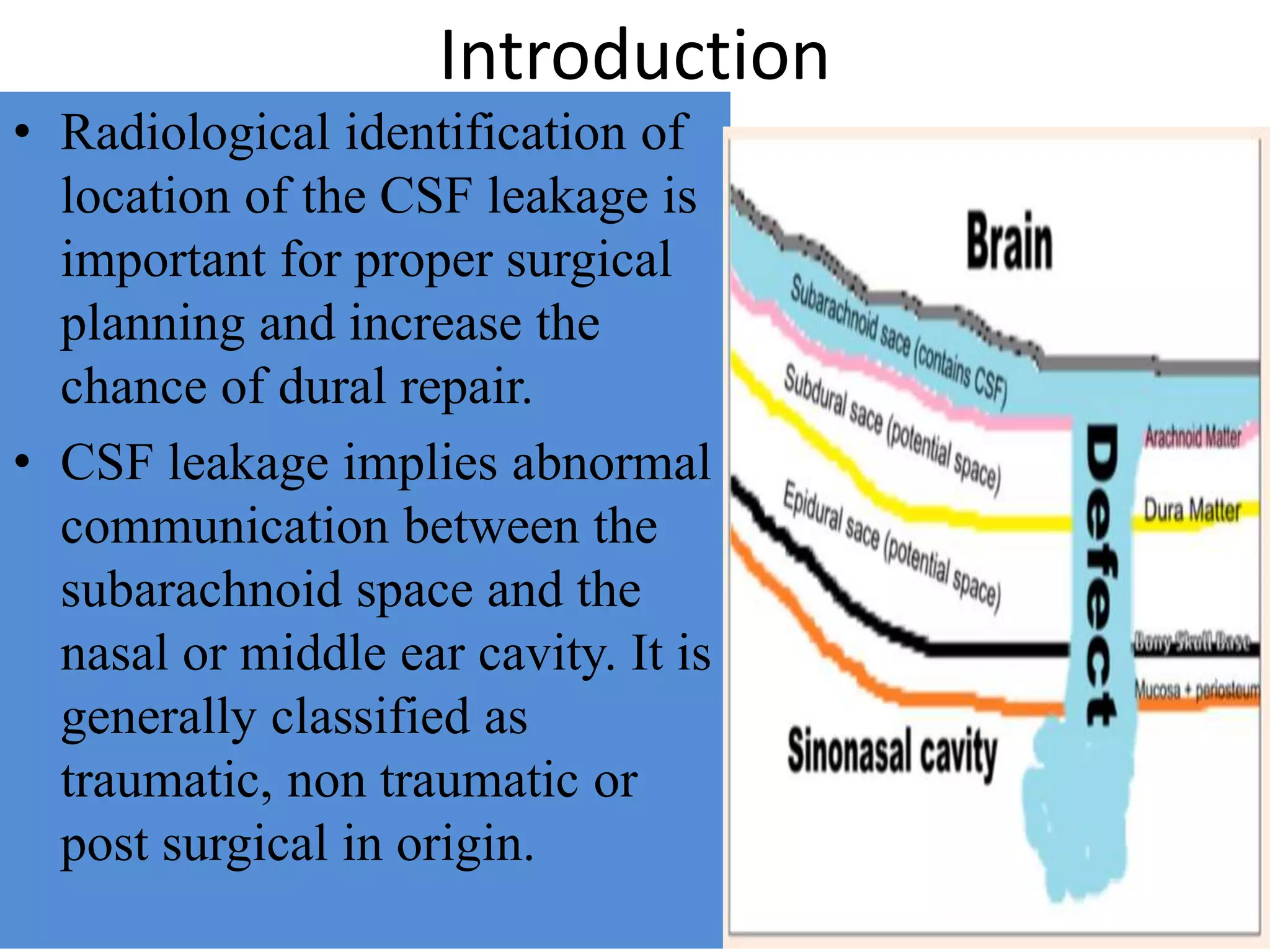 Introduction
• Radiological identification of
location of the CSF leakage is
important for proper surgical
planning and increase the
chance of dural repair.
• CSF leakage implies abnormal
communication between the
subarachnoid space and the
nasal or middle ear cavity. It is
generally classified as
traumatic, non traumatic or
post surgical in origin.
 