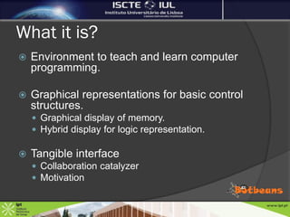 What it is?
   Environment to teach and learn computer
    programming.

   Graphical representations for basic control
    structures.
     Graphical display of memory.
     Hybrid display for logic representation.

   Tangible interface
     Collaboration catalyzer
     Motivation
 