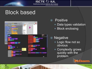 Block based
                 Positive
                   Data types validation
                   Block enclosing


                 Negative
                   Logic flow not so
                    obvious
                   Complexity grows
                    quickly with the
                    problem.
 