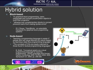 Hybrid solution
   Block-based
       "In graphical block programming, users
        manipulate and connect puzzle-piece objects to
        build their programs.“
        "allowing only complementary blocks to connect
        prevents users from making syntax errors“

        ○   R.V. Roque, “OpenBlocks : an extendable
            framework for graphical block programming
            systems.”

   Node-based
       "learning a programming language is easier if
        people who are visual learners by nature began
        by learning a data flow programming language“
       "The concepts of CGs are easily matched to
        those found in textual programming languages“

        ○   B. Smith, “Conceptual graphs as a visual
            programming language for teaching
            programming,” Visual Languages and Human-
            Centric Computing, 2009. VL/HCC 2009. IEEE
            Symposium on, 2009, pp. 258-259.
 