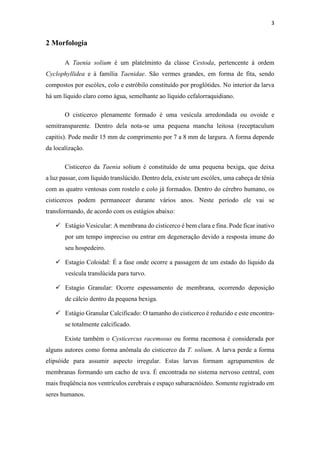 3
2 Morfologia
A Taenia solium é um platelminto da classe Cestoda, pertencente à ordem
Cyclophyllidea e à família Taenidae. São vermes grandes, em forma de fita, sendo
compostos por escólex, colo e estróbilo constituído por proglótides. No interior da larva
há um líquido claro como água, semelhante ao líquido cefalorraquidiano.
O cisticerco plenamente formado é uma vesícula arredondada ou ovoide e
semitransparente. Dentro dela nota-se uma pequena mancha leitosa (receptaculum
capitis). Pode medir 15 mm de comprimento por 7 a 8 mm de largura. A forma depende
da localização.
Cisticerco da Taenia solium é constituído de uma pequena bexiga, que deixa
a luz passar, com líquido translúcido. Dentro dela, existe um escólex, uma cabeça de tênia
com as quatro ventosas com rostelo e colo já formados. Dentro do cérebro humano, os
cisticercos podem permanecer durante vários anos. Neste período ele vai se
transformando, de acordo com os estágios abaixo:
 Estágio Vesicular: A membrana do cisticerco é bem clara e fina. Pode ficar inativo
por um tempo impreciso ou entrar em degeneração devido a resposta imune do
seu hospedeiro.
 Estagio Coloidal: É a fase onde ocorre a passagem de um estado do líquido da
vesícula translúcida para turvo.
 Estagio Granular: Ocorre espessamento de membrana, ocorrendo deposição
de cálcio dentro da pequena bexiga.
 Estágio Granular Calcificado: O tamanho do cisticerco é reduzido e este encontra-
se totalmente calcificado.
Existe também o Cysticercus racemosus ou forma racemosa é considerada por
alguns autores como forma anômala do cisticerco da T. solium. A larva perde a forma
elipsóide para assumir aspecto irregular. Estas larvas formam agrupamentos de
membranas formando um cacho de uva. É encontrada no sistema nervoso central, com
mais freqüência nos ventrículos cerebrais e espaço subaracnóideo. Somente registrado em
seres humanos.
 