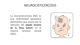 NEUROCISTICERCOSIS
La neurocisticercosis (NC) es
una enfermedad parasitaria
pleomórfica que ocurre por la
infección del estado larvario
de la Tenia Solium en el
sistema nervioso central
(SNC).
 