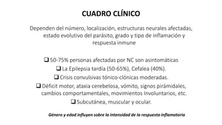 CUADRO CLÍNICO
Dependen del número, localización, estructuras neurales afectadas,
estado evolutivo del parásito, grado y tipo de inflamación y
respuesta inmune
50-75% personas afectadas por NC son asintomáticas
La Epilepsia tardía (50-65%), Cefalea (40%).
Crisis convulsivas tónico-clónicas moderadas.
Déficit motor, ataxia cerebelosa, vómito, signos pirámidales,
cambios comportamentales, movimientos Involuntarios, etc.
Subcutánea, muscular y ocular.
Género y edad influyen sobre la intensidad de la respuesta inflamatoria
 