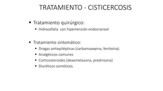  Tratamiento quirúrgico:
 Hidrocefalia con hipertensión endocraneal
 Tratamiento sintomático:
 Drogas antiepilépticas (carbamazepina, fenitoína).
 Analgésicos comunes
 Corticosteroides (dexametasona, prednisona)
 Diuréticos osmóticos.
TRATAMIENTO - CISTICERCOSIS
 