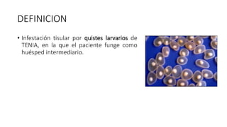 DEFINICION
• Infestación tisular por quistes larvarios de
TENIA, en la que el paciente funge como
huésped intermediario.
 