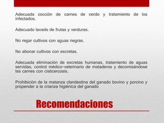 Recomendaciones
Adecuada cocción de carnes de cerdo y tratamiento de los
infectados.
Adecuado lavado de frutas y verduras.
No regar cultivos con aguas negras.
No abonar cultivos con excretas.
Adecuada eliminación de excretas humanas, tratamiento de aguas
servidas, control médico-veterinario de mataderos y decomisándose
las carnes con cisticercosis.
Prohibición de la matanza clandestina del ganado bovino y porcino y
propender a la crianza higiénica del ganado
 