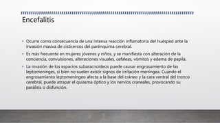 Encefalitis
• Ocurre como consecuencia de una intensa reacción inflamatoria del huésped ante la
invasión masiva de cisticercos del parénquima cerebral.
• Es más frecuente en mujeres jóvenes y niños, y se manifiesta con alteración de la
conciencia, convulsiones, alteraciones visuales, cefaleas, vómitos y edema de papila.
• La invasión de los espacios subaracnoideos puede causar engrosamiento de las
leptomeninges, si bien no suelen existir signos de irritación meníngea. Cuando el
engrosamiento leptomeníngeo afecta a la base del cráneo y la cara ventral del tronco
cerebral, puede atrapar el quiasma óptico y los nervios craneales, provocando su
parálisis o disfunción.
 