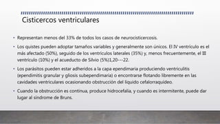 Cisticercos ventriculares
• Representan menos del 33% de todos los casos de neurocisticercosis.
• Los quistes pueden adoptar tamaños variables y generalmente son únicos. El IV ventrículo es el
más afectado (50%), seguido de los ventrículos laterales (35%) y, menos frecuentemente, el III
ventrículo (10%) y el acueducto de Silvio (5%)1,20---22.
• Los parásitos pueden estar adheridos a la capa ependimaria produciendo ventriculitis
(ependimitis granular y gliosis subependimaria) o encontrarse flotando libremente en las
cavidades ventriculares ocasionando obstrucción del líquido cefalorraquídeo.
• Cuando la obstrucción es continua, produce hidrocefalia, y cuando es intermitente, puede dar
lugar al síndrome de Bruns.
 