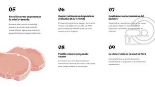 06
El diagnóstico preciso se basa en técnicas de
imagen avanzadas como la TAC y la RMN
para visualizar las lesiones quísticas en el
cerebro y otros órganos.
Requiere de técnicas diagnósticas
avanzadas (TAC y/o RMN)
07
Estas podrían representar un factor de riesgo,
pues podría haber un mayor riesgo de
exposición y aumentar la probabilidad de
infección
Condiciones socioeconómicas del
paciente
08
El contacto con animales infectados o
consumo de carne de res cruda o mal cocida
pudo haber causado la cisticercosis
Posible contacto con ganado
vacuno
09
Esto puede llevar a que se descarte la
posibilidad de un diagnóstico de cisticercosis
rápidamente
La cisticercosis no es usual en Perú
05
Aunque más común en adultos
jóvenes, la cisticercosis también
puede afectar a personas mayores,
especialmente en áreas endémicas.
No es frecuente en personas
de edad avanzada:
 