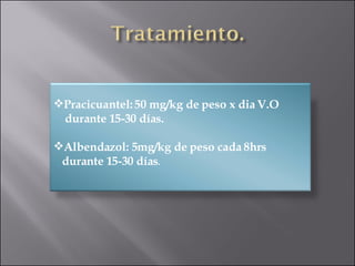 Pracicuantel: 50 mg/kg de peso x dia V.O durante 15-30 días. Albendazol: 5mg/kg de peso cada 8hrs durante 15-30 días .