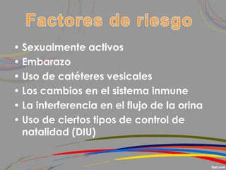 • Sexualmente activos
• Embarazo
• Uso de catéteres vesicales
• Los cambios en el sistema inmune
• La interferencia en el flujo de la orina
• Uso de ciertos tipos de control de
natalidad (DIU)
 