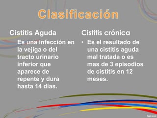 Cistitis Aguda
Es una infección en
la vejiga o del
tracto urinario
inferior que
aparece de
repente y dura
hasta 14 días.
Cistitis crónica
• Es el resultado de
una cistitis aguda
mal tratada o es
mas de 3 episodios
de cistitis en 12
meses.
 