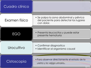 Cuadro clínico
• Se palpa la zona abdominal y pélvica
del paciente para detectar los lugares
con dolor.
Examen físico
• Presenta leucocitos y puede estar
presente hematuriaEGO
• Confirmar diagnostico
• Identificar al organismo causalUrocultivo
•Para observar directamente el estado de la
uretra y la vejiga urinaria.Cistoscopia
 