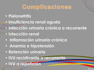 • Pielonefritis
• Insuficiencia renal aguda
• Infección urinaria crónica o recurrente
• Infección renal
• Inflamación urinaria crónica
• Anemia e hipotensión
• Retención urinaria
• IVU recidivante o recurrente
• IVU a repetición
 