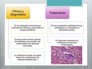 Clínica y
diagnóstico
En la cistopatía encontramos
eosinofiluria intensa y eosinófila en
sangre periférica
Es frecuente localizar placas
amarillentas que pueden ser
confundidas con lesiones
tumorales
La infiltración tisular se puede
tratar de un fenómeno de
hipersensibilidad tipo I
Tratamiento
Se han empleado antihistamínicos,
antibióticos y corticoides en
diferentes pautas.
En algunas ocasiones es
necesaria la resección
endoscópica
 