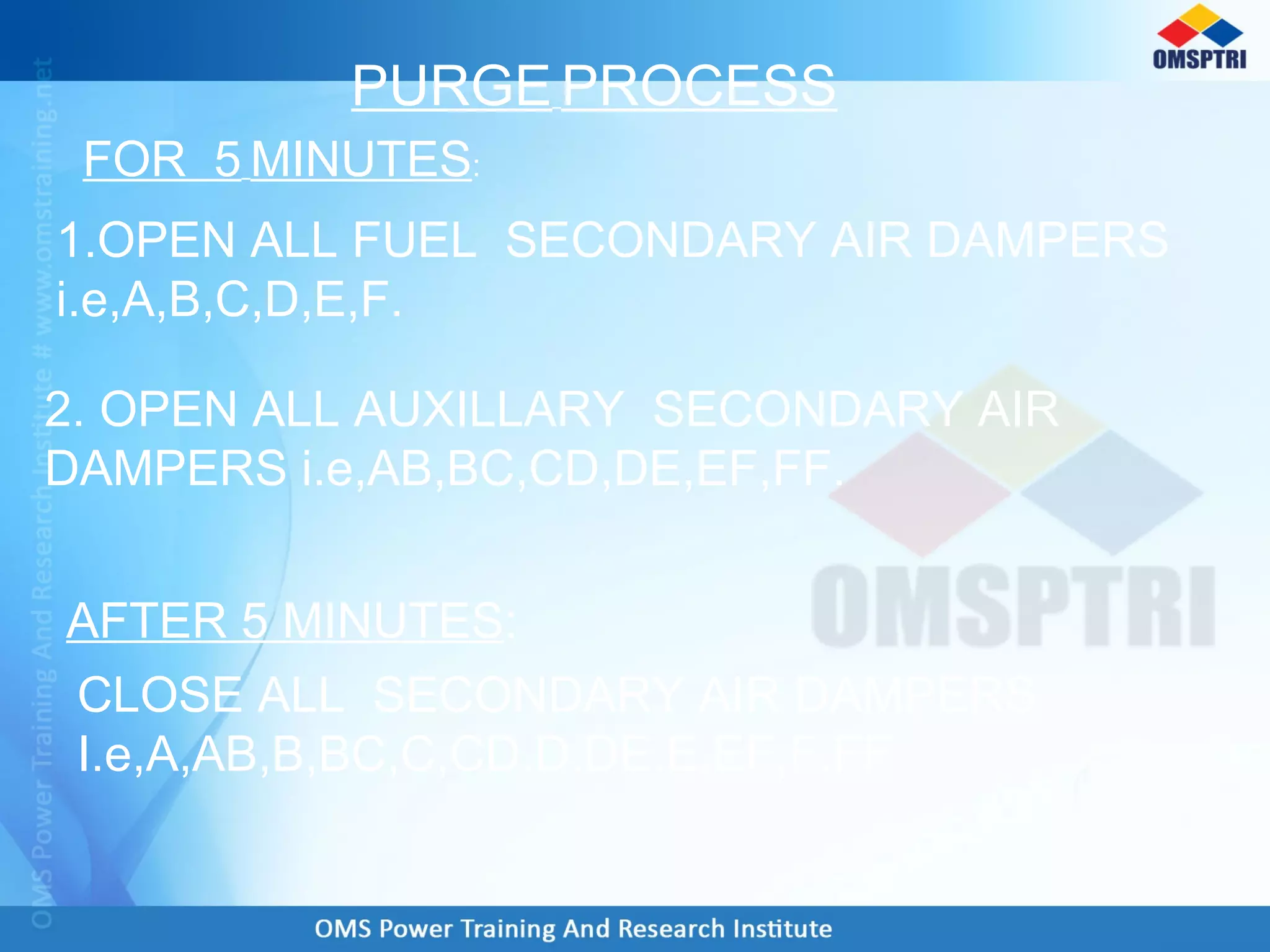 PURGE PROCESS
1.OPEN ALL FUEL SECONDARY AIR DAMPERS
i.e,A,B,C,D,E,F.
2. OPEN ALL AUXILLARY SECONDARY AIR
DAMPERS i.e,AB,BC,CD,DE,EF,FF.
FOR 5 MINUTES:
AFTER 5 MINUTES:
CLOSE ALL SECONDARY AIR DAMPERS
I.e,A,AB,B,BC,C,CD,D,DE,E,EF,F,FF.
 