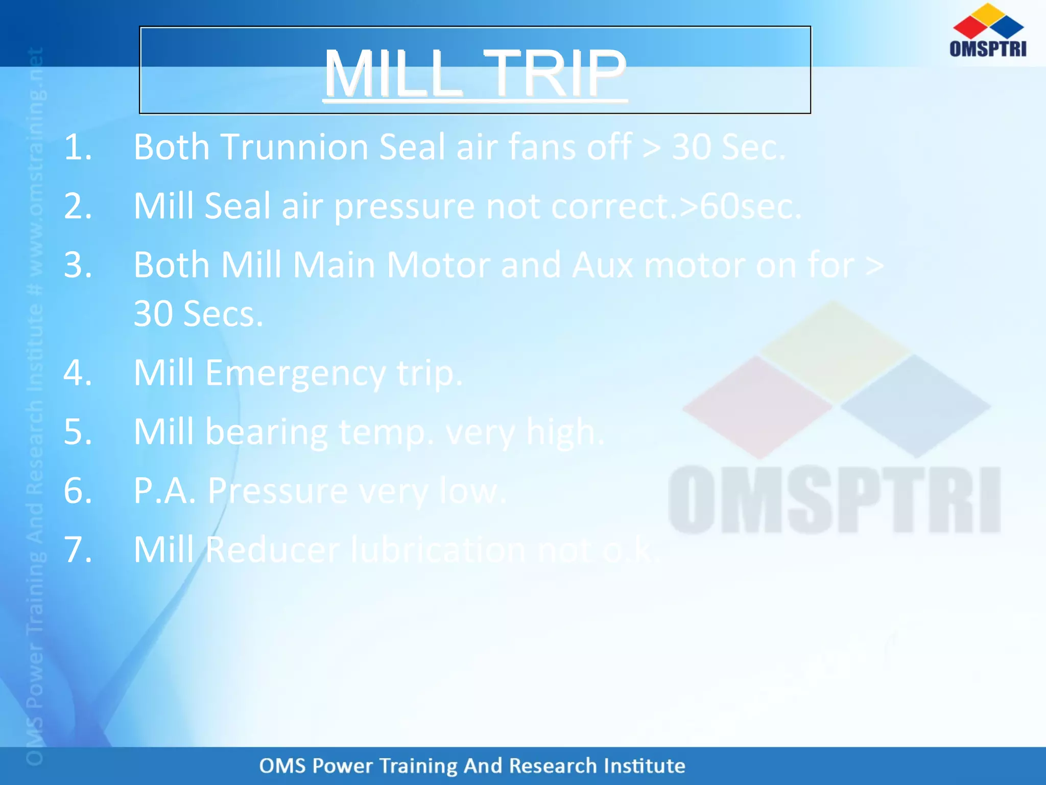 1. Both Trunnion Seal air fans off > 30 Sec.
2. Mill Seal air pressure not correct.>60sec.
3. Both Mill Main Motor and Aux motor on for >
30 Secs.
4. Mill Emergency trip.
5. Mill bearing temp. very high.
6. P.A. Pressure very low.
7. Mill Reducer lubrication not o.k.
MILL TRIPMILL TRIP
 