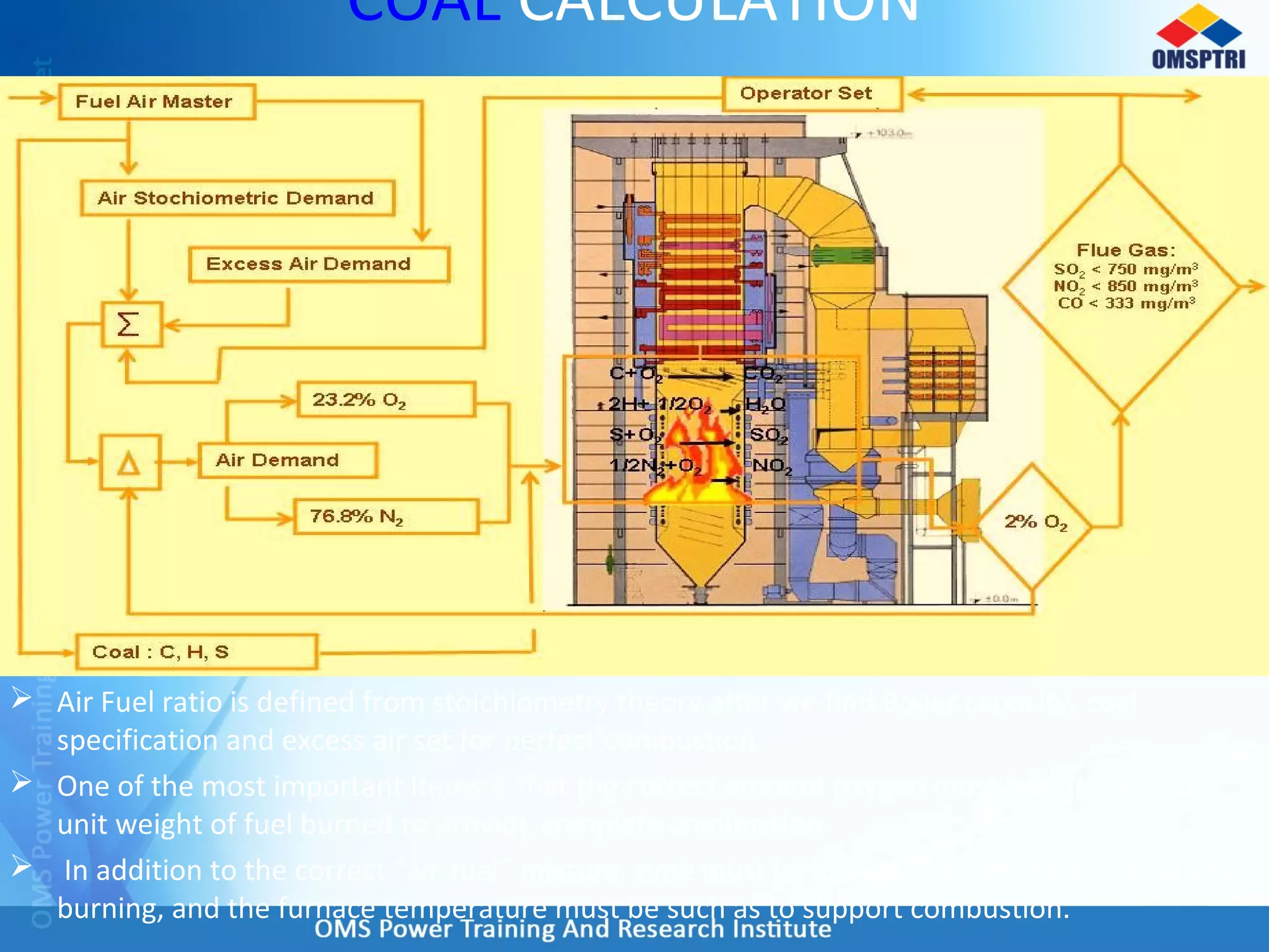 COAL CALCULATION
 Air Fuel ratio is defined from stoichiometry theory after we find Boiler capacity, coal
specification and excess air set for perfect combustion.
 One of the most important items is that the correct amount oxygen must be supplied per
unit weight of fuel burned to provide complete combustion.
 In addition to the correct “air-fuel” mixture, time must be allowed for complete mixing and
burning, and the furnace temperature must be such as to support combustion.
 