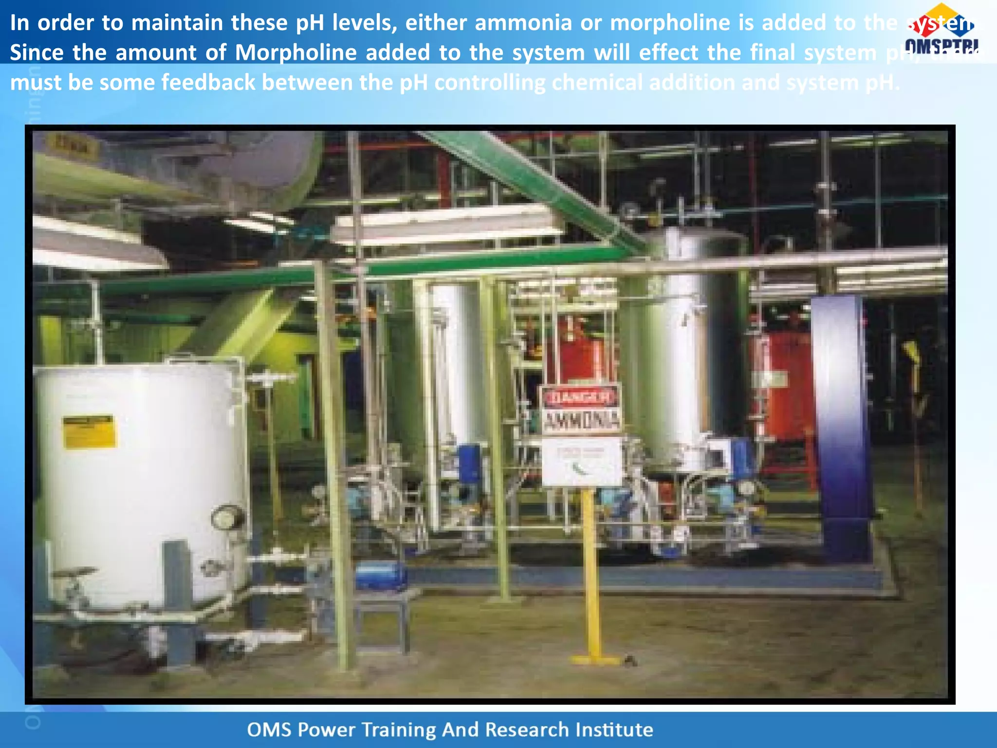 In order to maintain these pH levels, either ammonia or morpholine is added to the system.
Since the amount of Morpholine added to the system will effect the final system pH, there
must be some feedback between the pH controlling chemical addition and system pH.
 