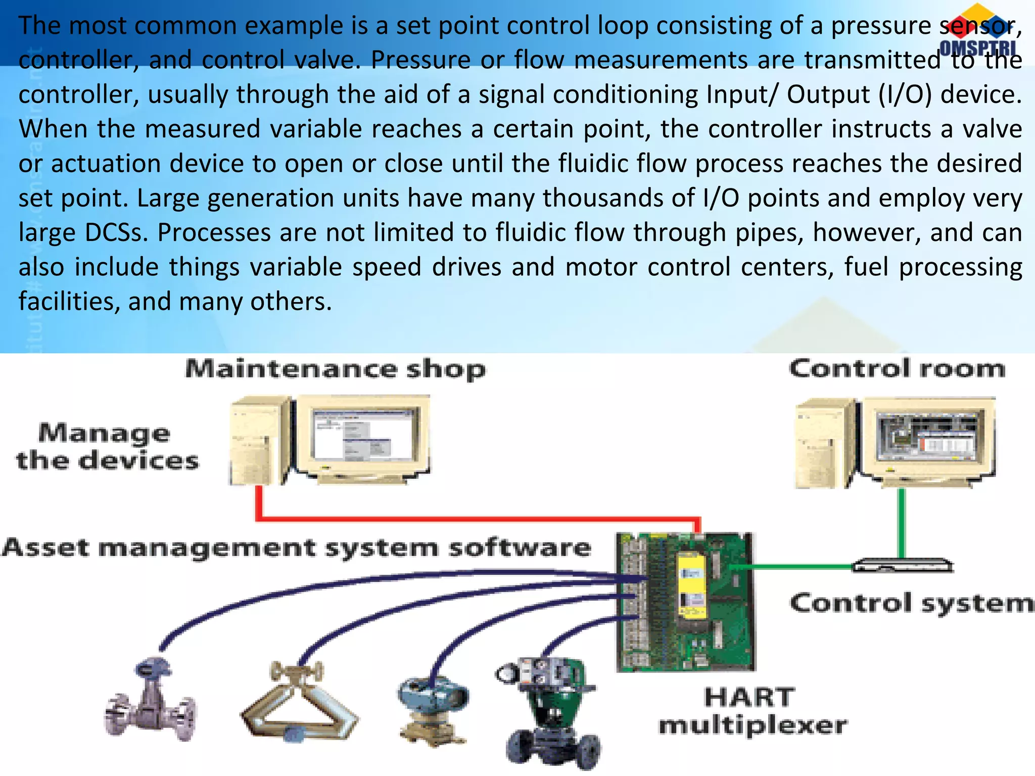 The most common example is a set point control loop consisting of a pressure sensor,
controller, and control valve. Pressure or flow measurements are transmitted to the
controller, usually through the aid of a signal conditioning Input/ Output (I/O) device.
When the measured variable reaches a certain point, the controller instructs a valve
or actuation device to open or close until the fluidic flow process reaches the desired
set point. Large generation units have many thousands of I/O points and employ very
large DCSs. Processes are not limited to fluidic flow through pipes, however, and can
also include things variable speed drives and motor control centers, fuel processing
facilities, and many others.
 